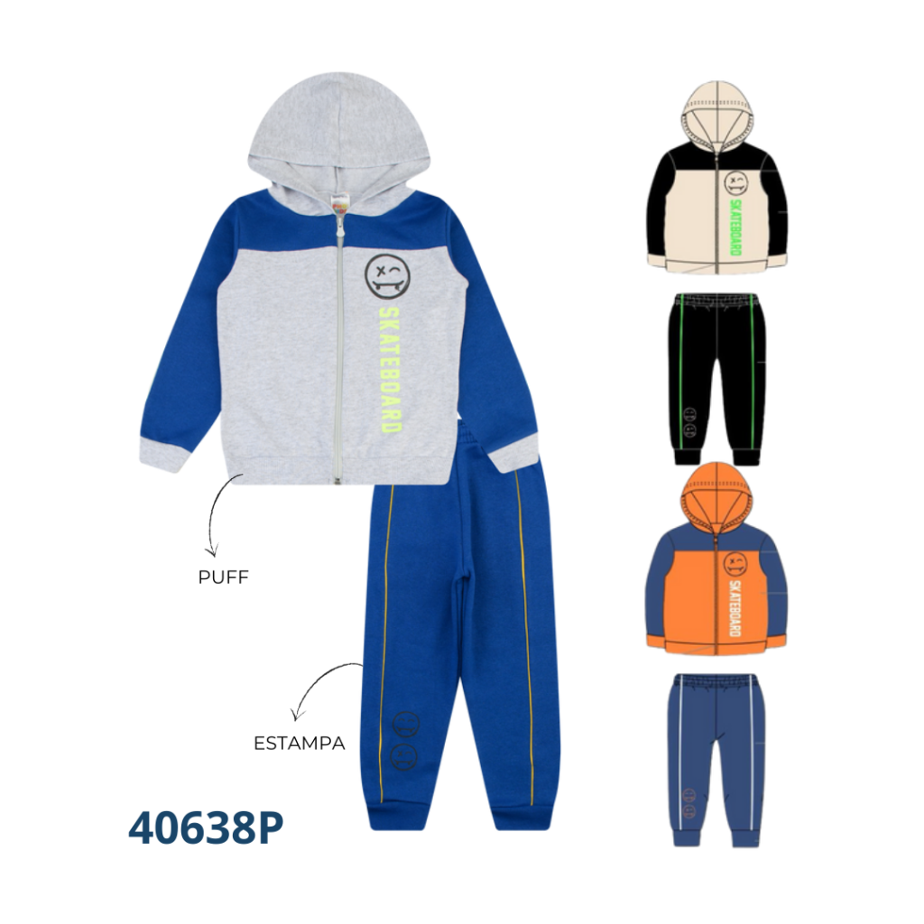 KIT 3 CONJUNTOS JAQUETA CAPUZ E CALÇA COM FILETE ESTAMPA