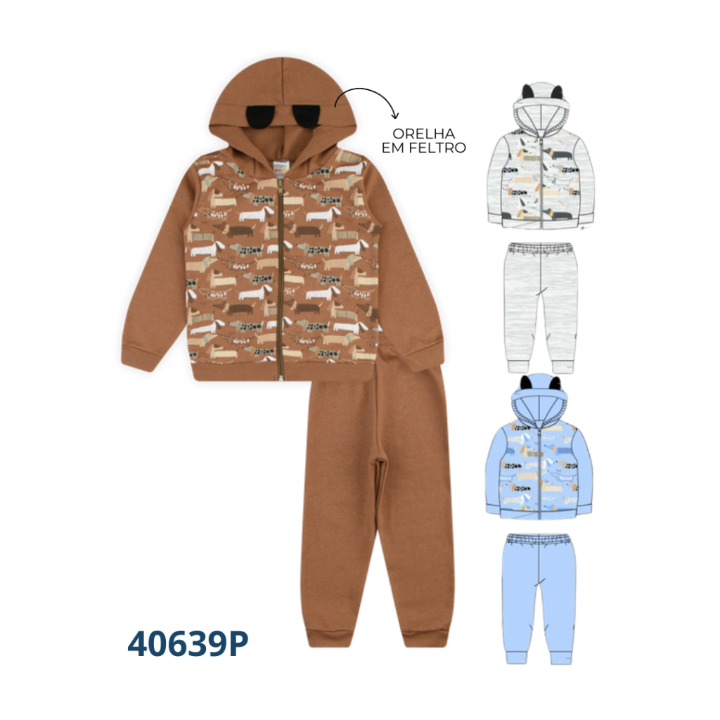 KIT 3 CONJUNTOS JAQUETA CAPUZ DETALHE INTERATIVO E CALÇA