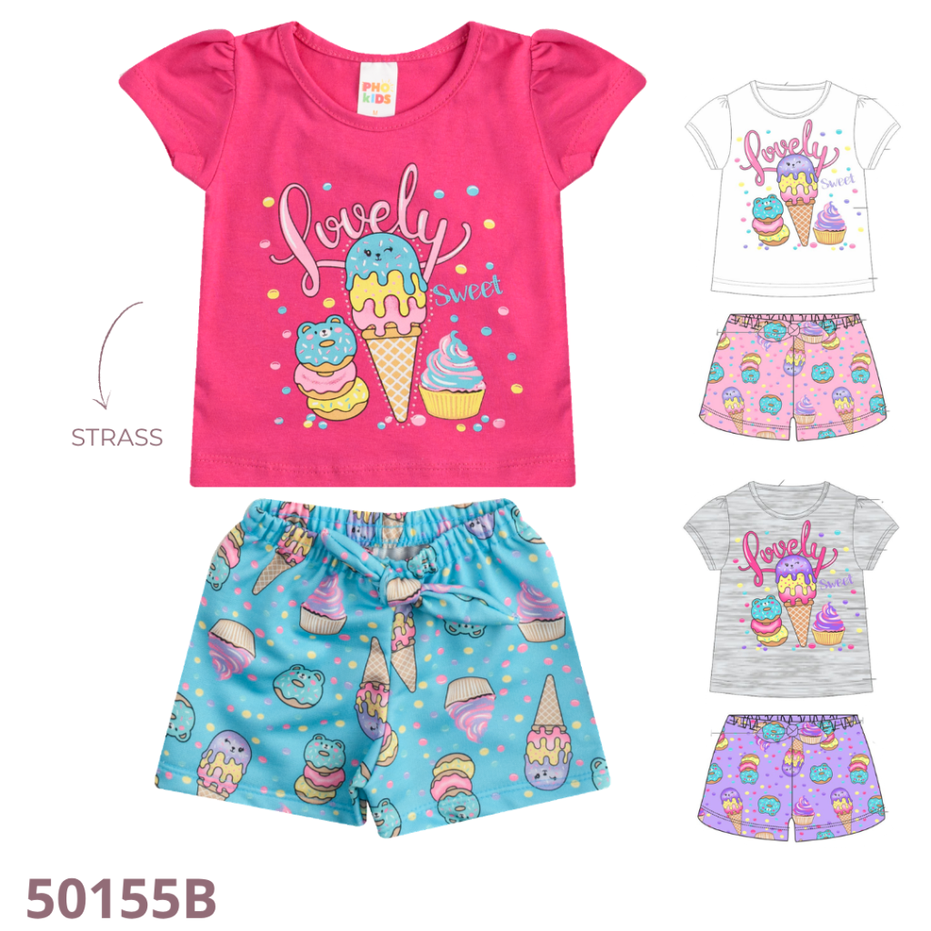 KIT 3 CONJUNTO BLUSA MANGA FRANZIDA E SHORT ESTAMPADO COM LAÇO