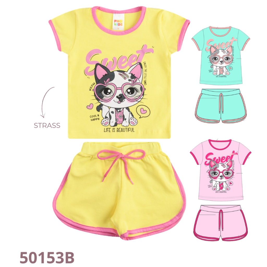 KIT 3 CONJUNTO BLUSA COM ESTAMPA E SHORT COM CADARÇO