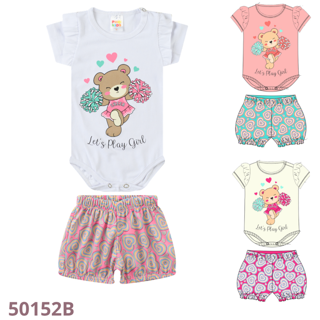 KIT 4 CONJUNTO BODY COM BABADO MANGA E SHORT ESTAMPADO