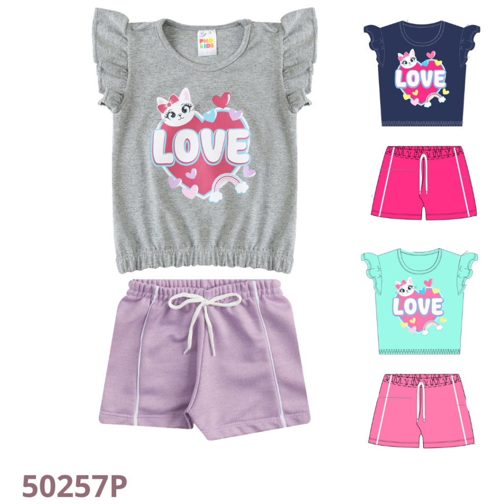 KIT 3 CONJUNTO BLUSA COM ELÁSTICO E MANGA BABADO E SHORT COM CADARÇO