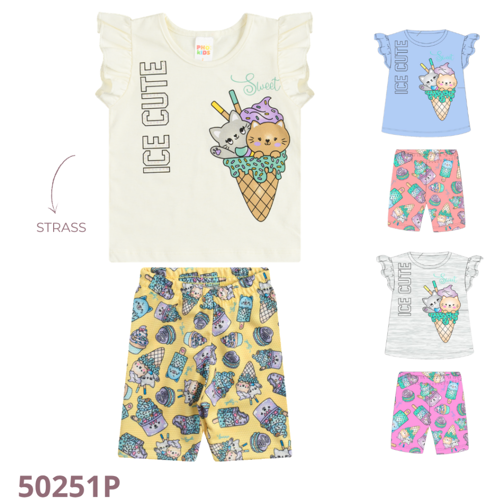 KIT 3 CONJUNTO BLUSA COM BABADO E SHORT ESTAMPADO