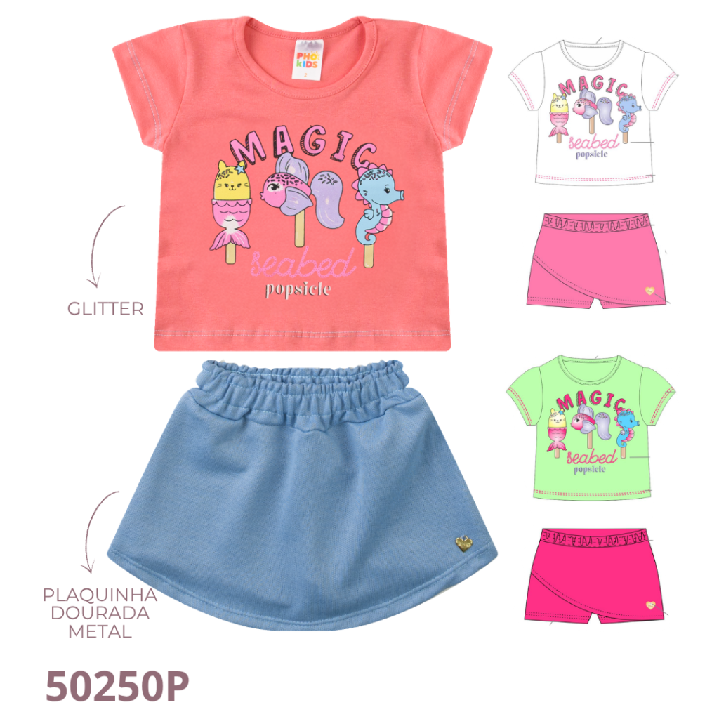 KIT 3 CONJUNTO BLUSA E SHORT SAIA COM DETALHE EM APLIQUE METAL