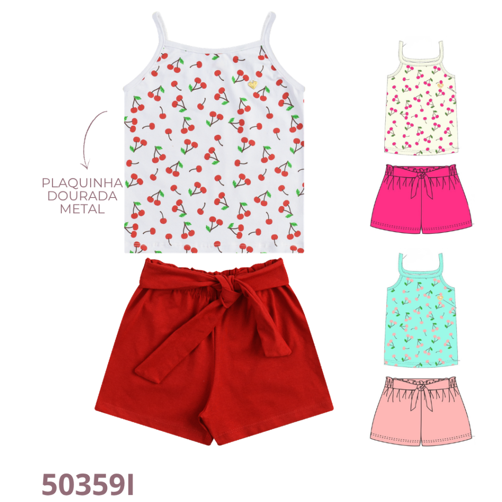 KIT 3 CONJUNTO BLUSA DE ALÇA E SHORT COM DETALHE EM LAÇO