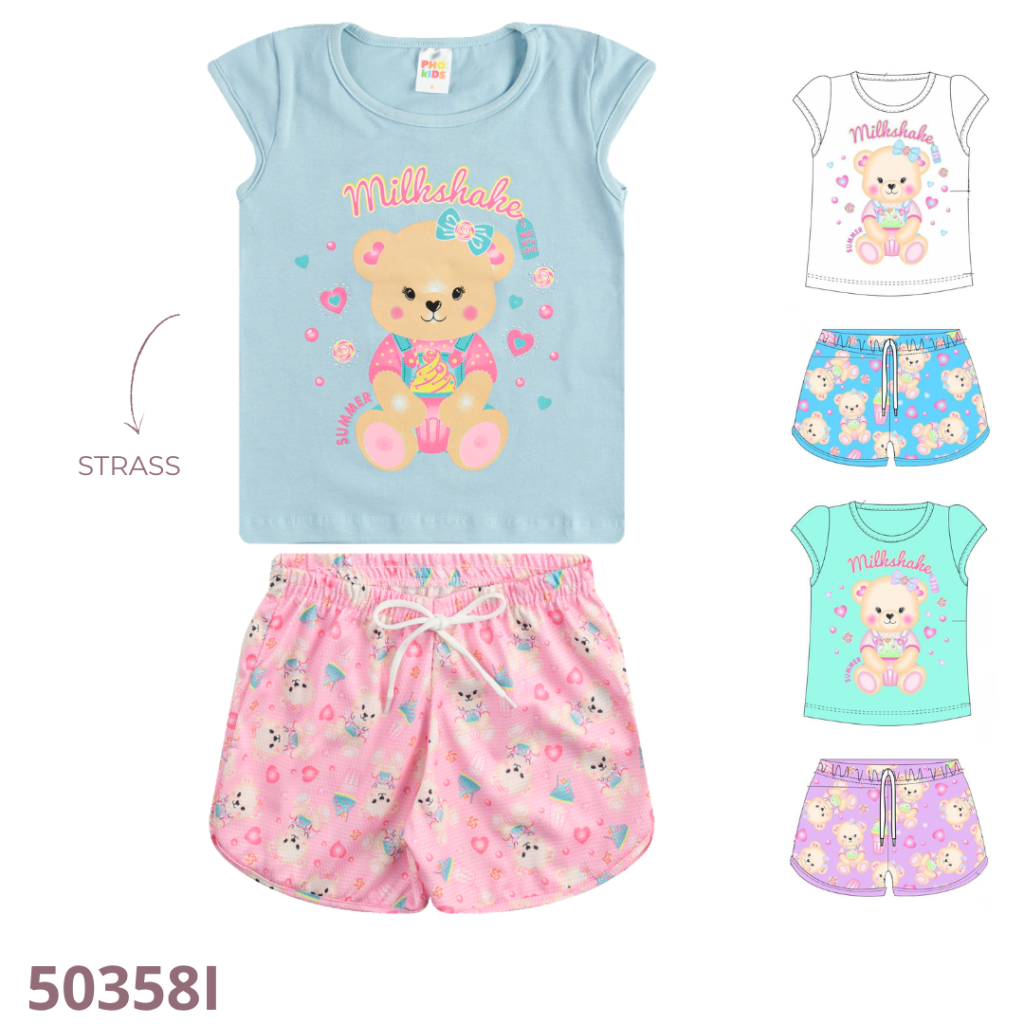 KIT 3 CONJUNTO BLUSA E SHORT ESTAMPADO COM CADARÇO