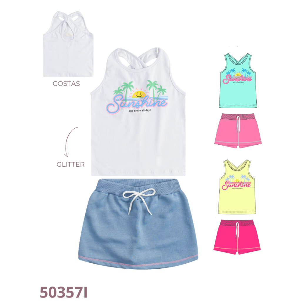 KIT 3 CONJUNTO BLUSA COM DETALHE COSTAS E SHORT SAIA COM CADARÇO