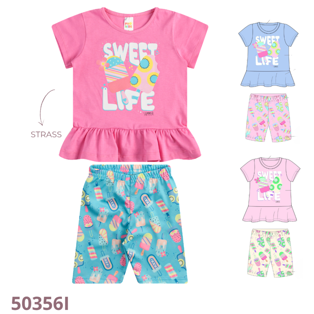 KIT 3 CONJUNTO BLUSA COM BABADO FRAZIDO E SHORT CICLISTA ESTAMPADO