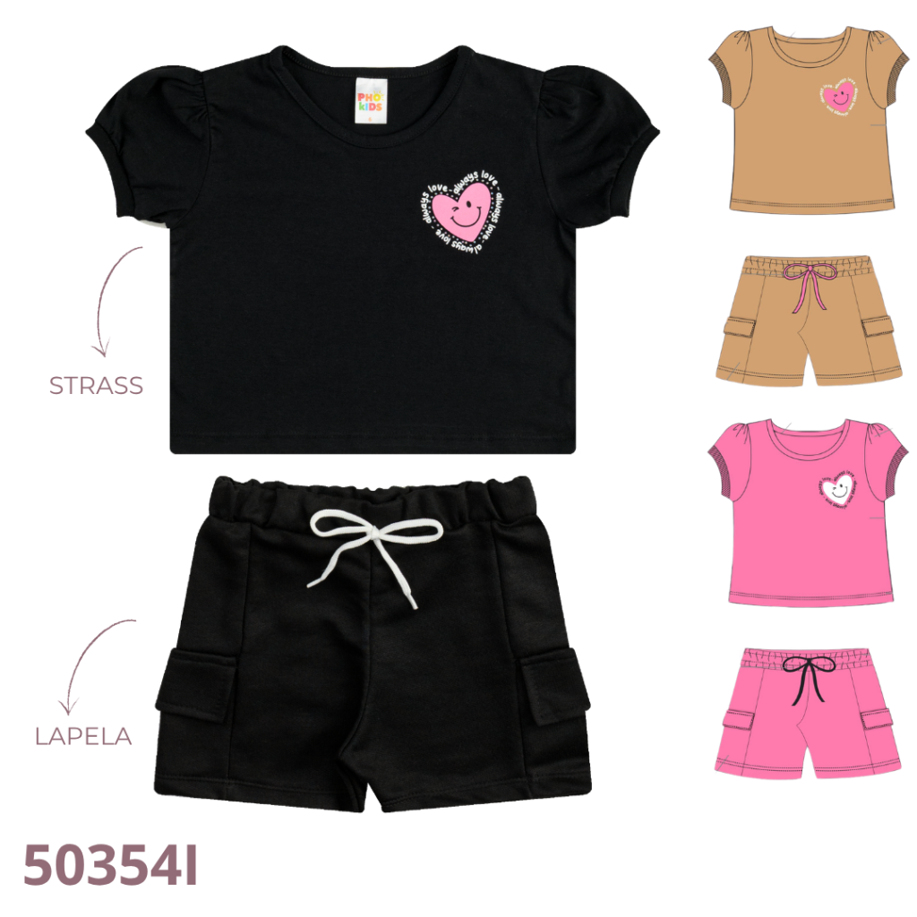 KIT 3 CONJUNTO CROPPED MANGA FRANZIDA E SHORT COM DETALHE LAPELA E CADARÇO