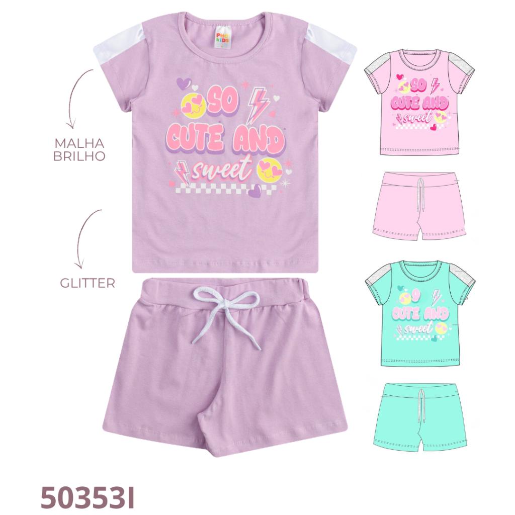 KIT 3 CONJUNTO BLUSA COM RECORTE E SHORT COM CADARÇO COM BRILHO