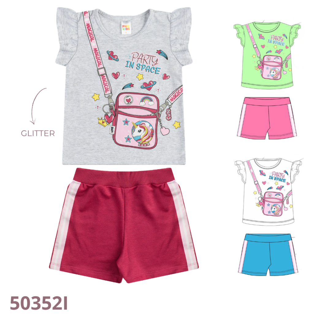 KIT 3 CONJUNTO BLUSA COM BABADO E SHORT COM ESTAMPA