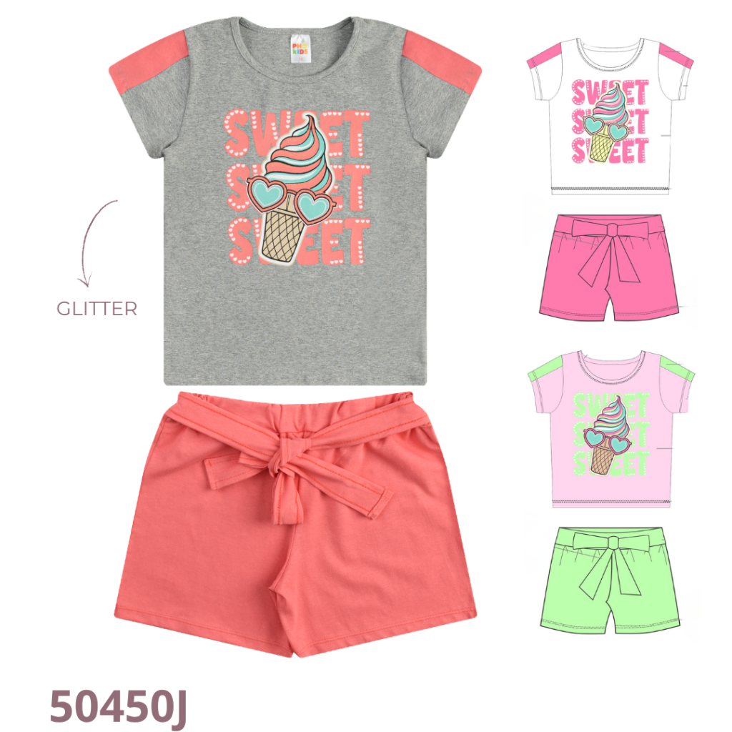 KIT 4 CONJUNTO BLUSA COM RECORTE E SHORT COM LAÇO