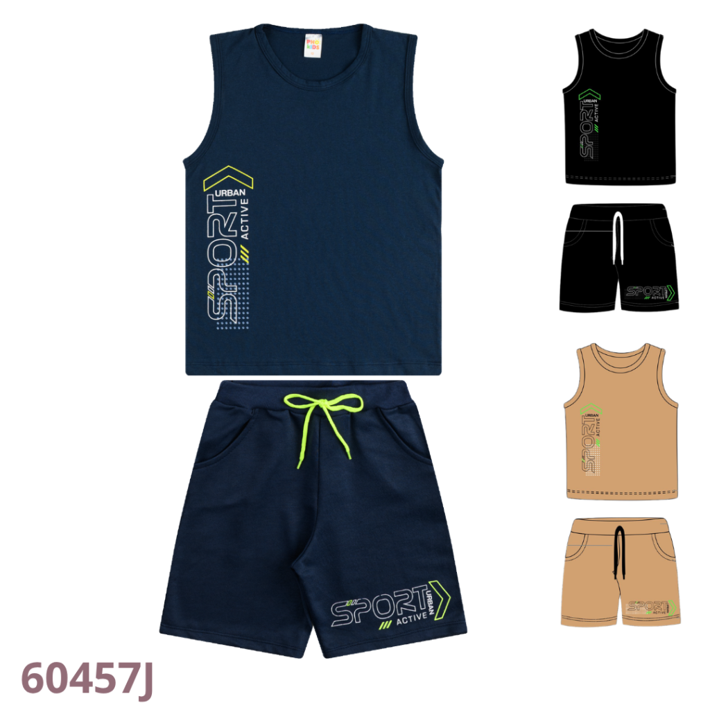 KIT 4 CONJUNTO REGATA E BERMUDA COM BOLSO, ESTAMPA E CADARÇO  