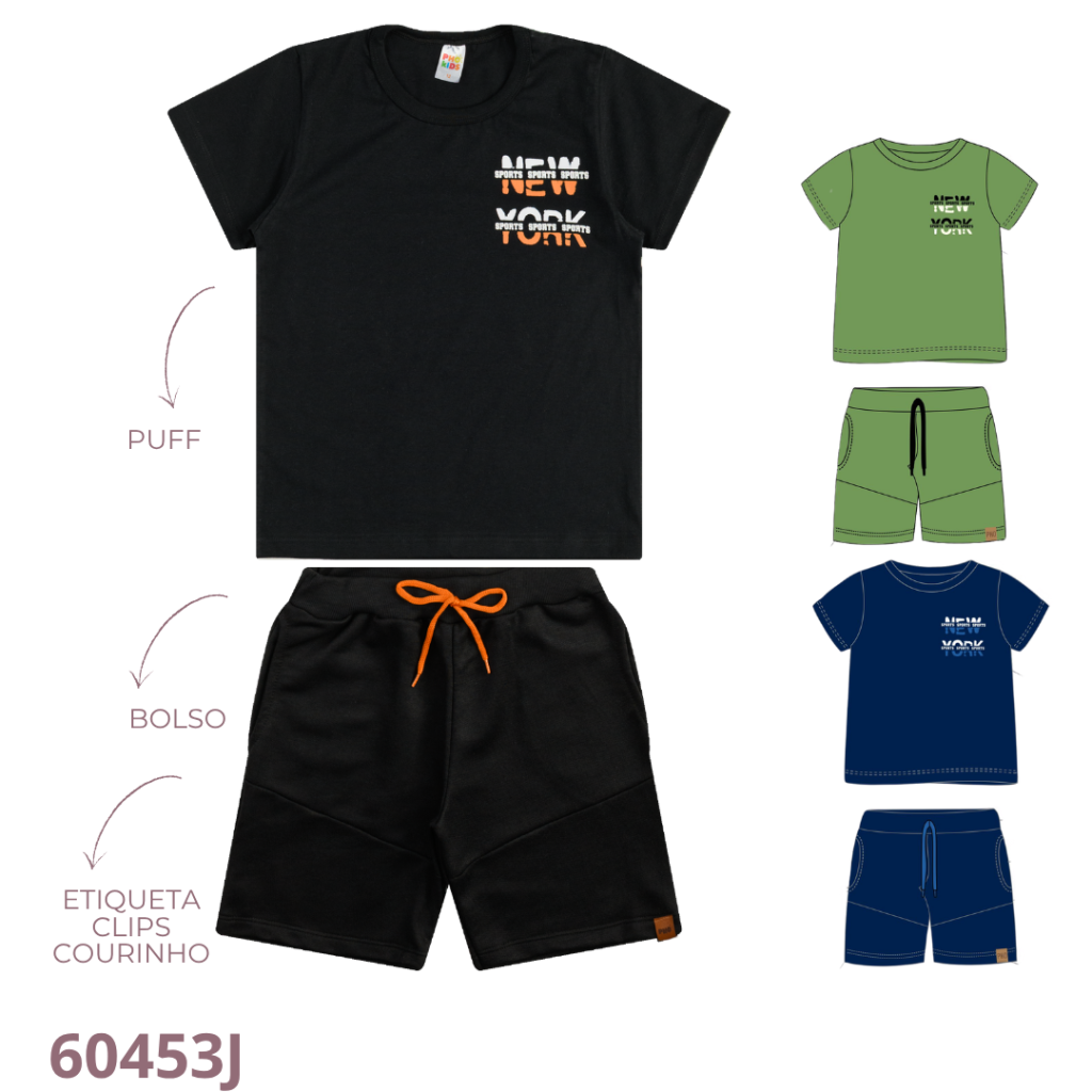 KIT 4  CONJUNTO CAMISETA E BERMUDA COM RECORTE, 2 BOLSOS E DETALHE E CADARÇO