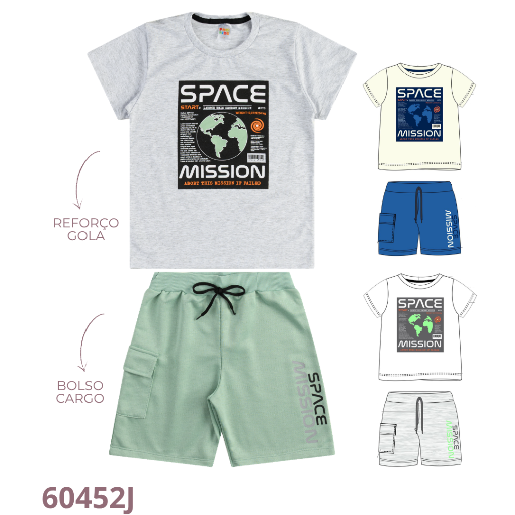 KIT 4 CONJUNTO CAMISETA COM REFORÇO E  BERMUDA COM BOLSO CARGO, ESTAMPA E CADARÇO