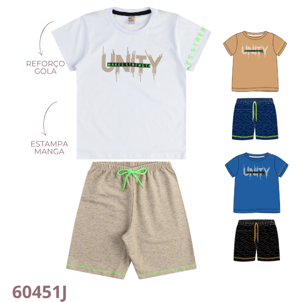 KIT 4 CONJUNTO CAMISETA COM REFORÇO, ESTAMPA MANGA E BERMUDA ECO COM CADARÇO