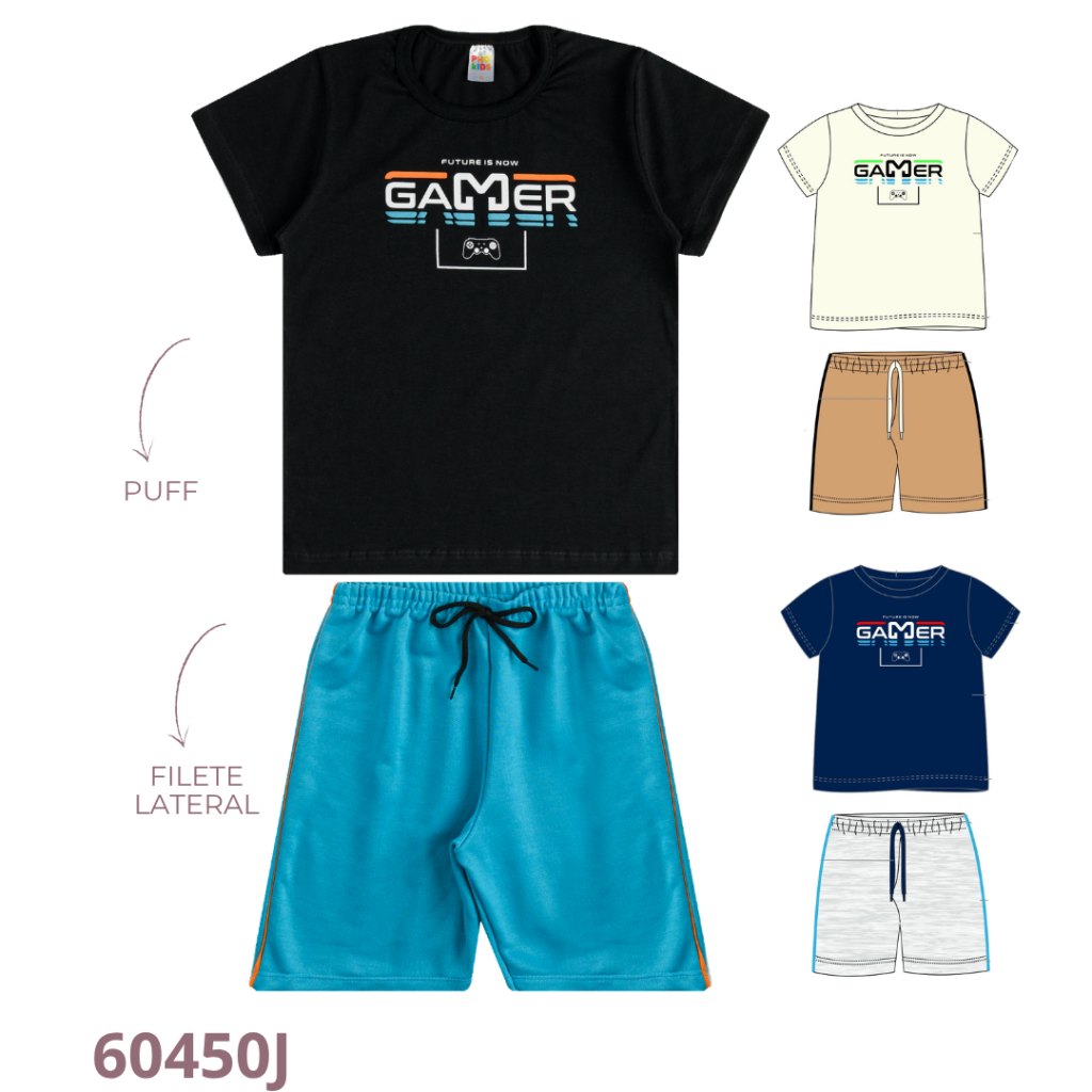 KIT 4 CONJUNTO CAMISETA E  BERMUDA COM FILETE E CADARÇO