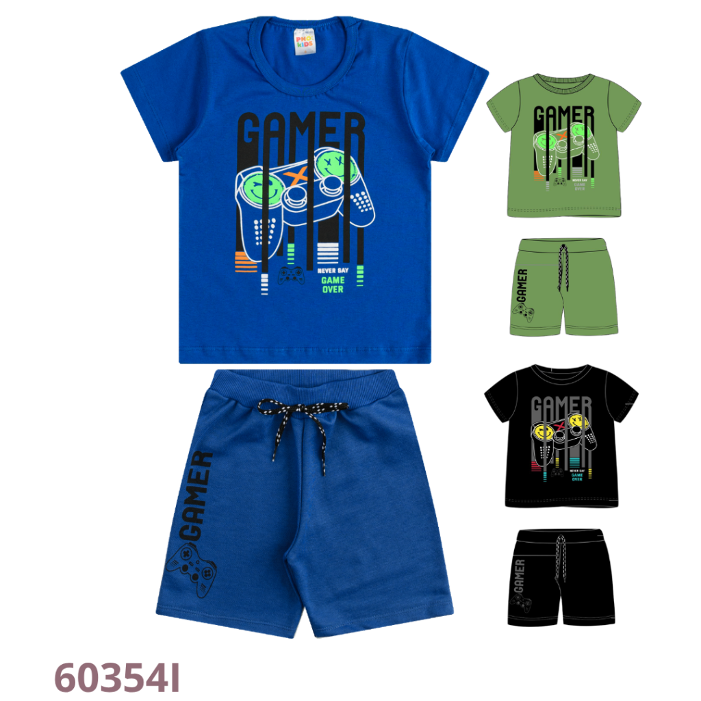 KIT 3 CONJUNTO CAMISETA E  BERMUDA COM ESTAMPA E CADARÇO TRABALHADO