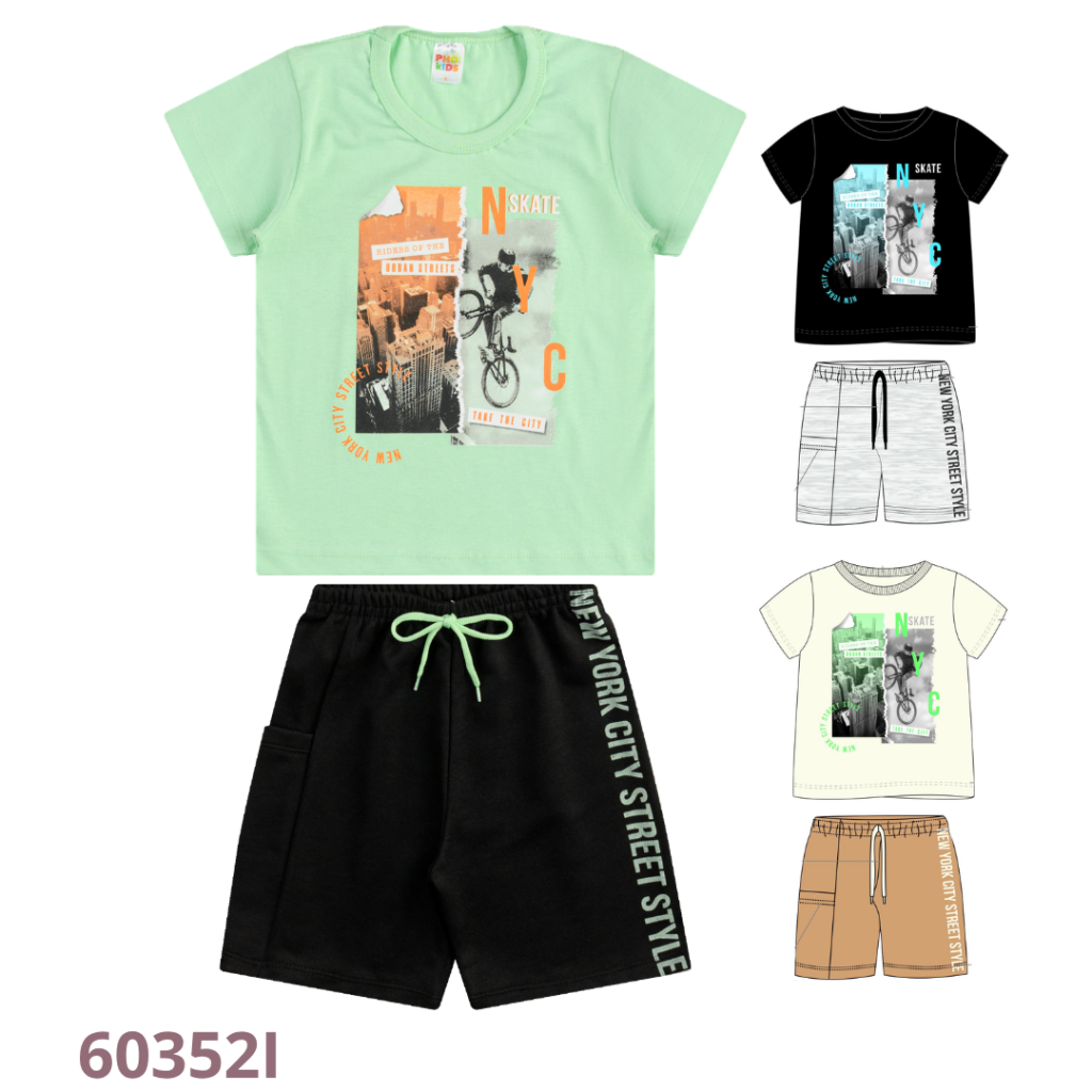 KIT 3 CONJUNTO CAMISETA E BERMUDA COM RECORTE, ESTAMPA, BOLSO LATERAL E CADARÇO