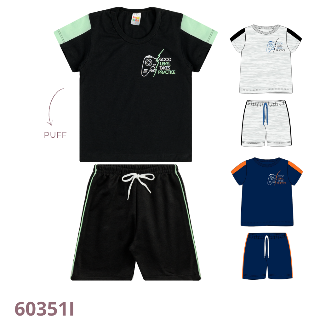 KIT 3 CONJUNTO CAMISETA E  BERMUDA COM FILETE E CADARÇO