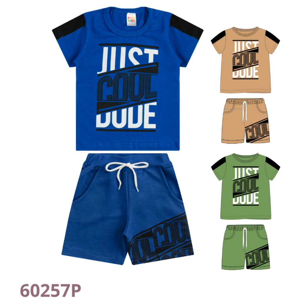 KIT 3 CONJUNTO CAMISETA E  BERMUDA COM BOLSO, ESTAMPA E CADARÇO