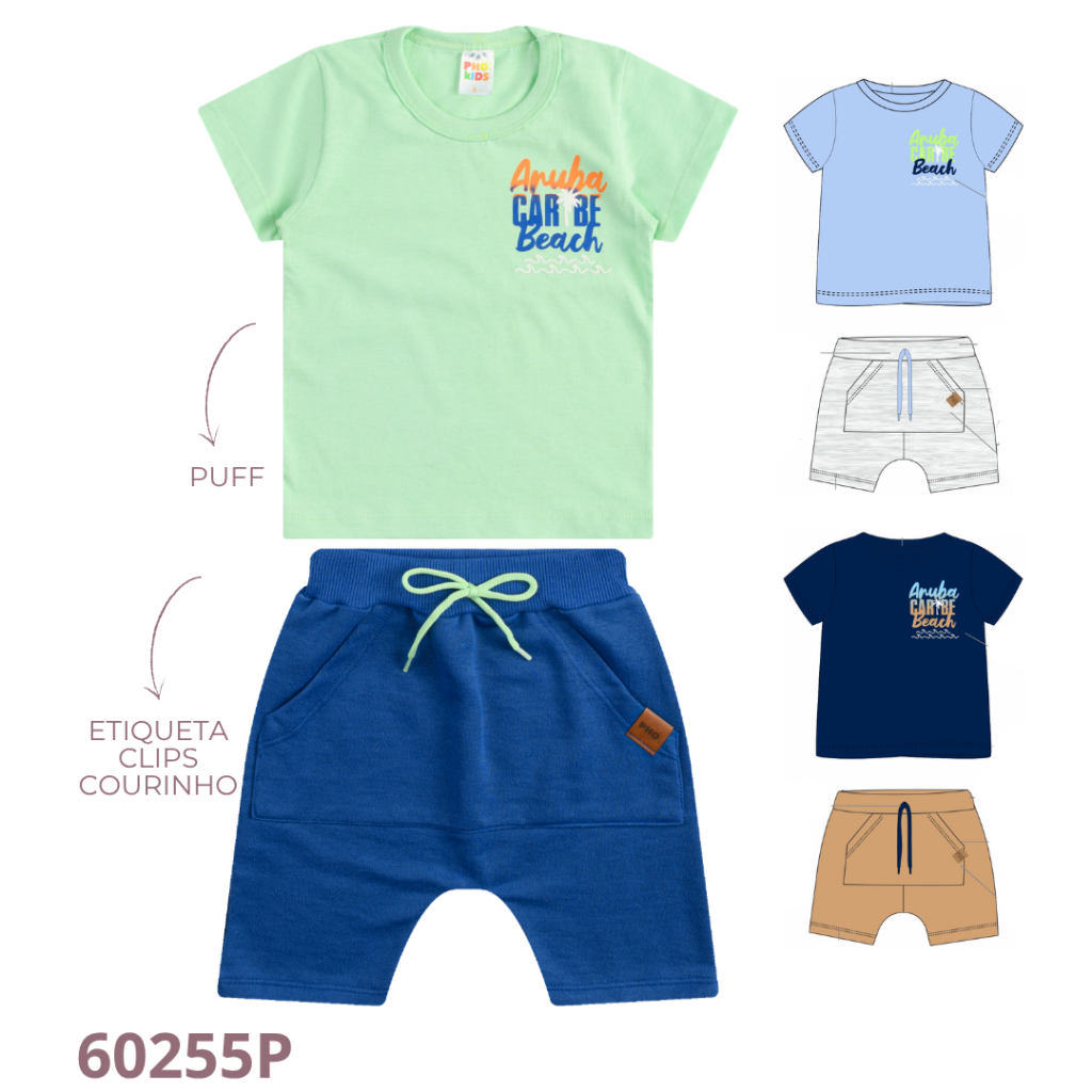 KIT 3 CONJUNTO CAMISETA E  BERMUDA SARUEL COM BOLSO E CADARÇO