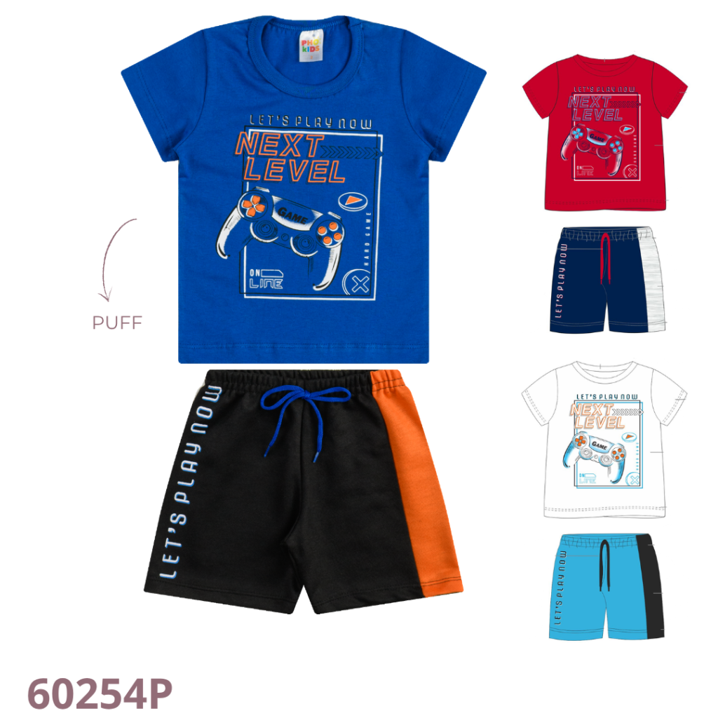 KIT 3 CONJUNTO CAMISETA E  BERMUDA COM RECORTE, ESTAMPA E CADARÇO