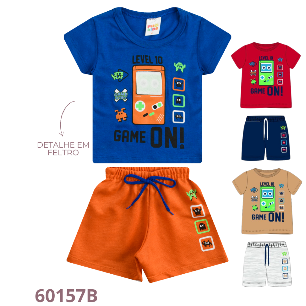 KIT 3 CONJUNTO CAMISETA DETALHE INTERATIVO E BERMUDA COM ESTAMPA E CADARÇO
