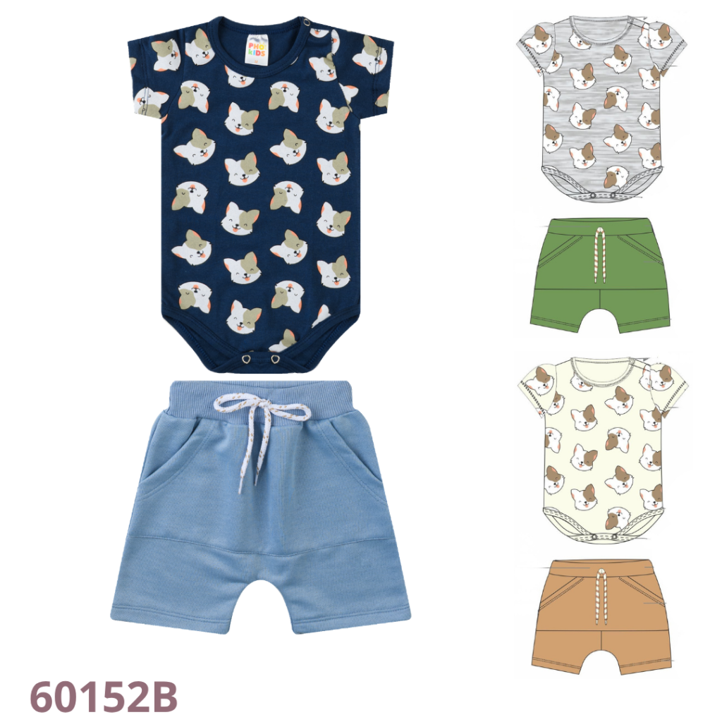 KIT 4 CONJUNTO BODY E SHORT SARUEL COM BOLSO E CADARÇO