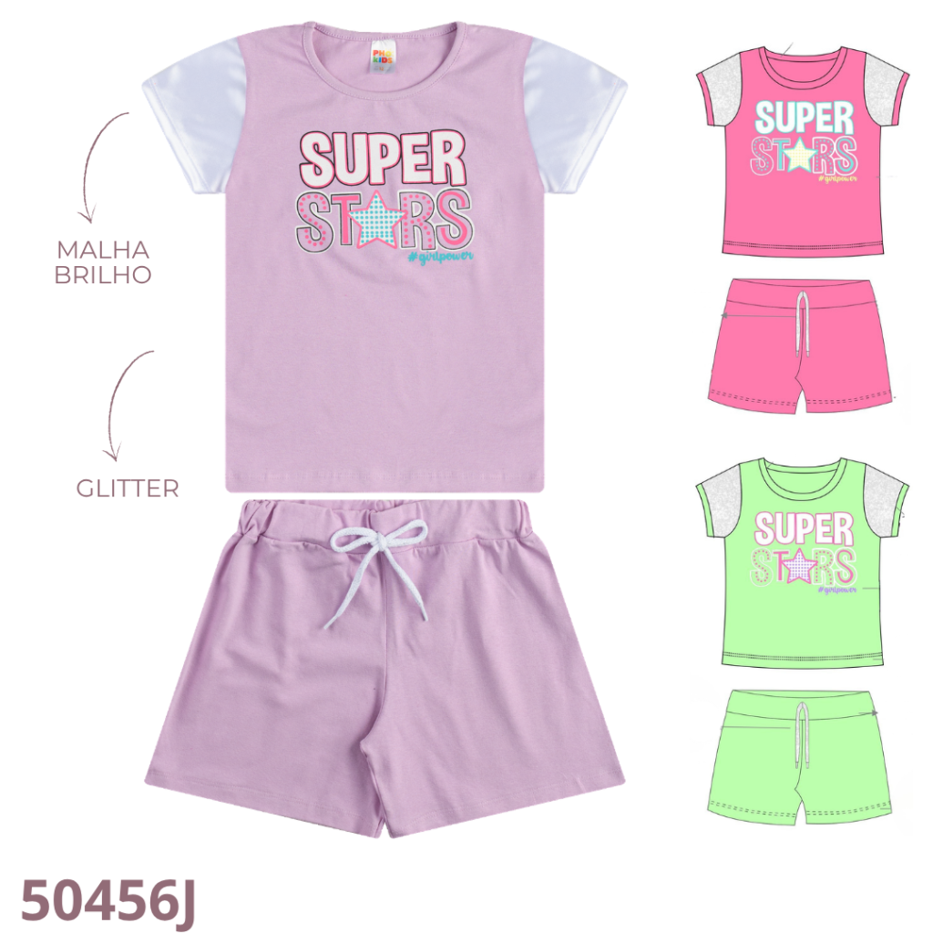 KIT 4 CONJUNTO BLUSA COM DETALHE E SHORT COM CADARÇO COM BRILHO