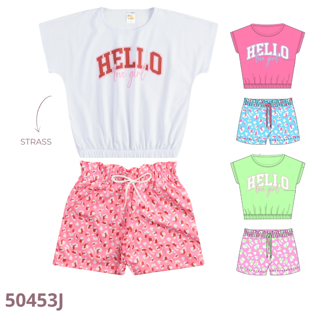 KIT 4 CONJUNTO BLUSA COM ELÁSTICO E SHORT ESTAMPADO COM CADARÇO