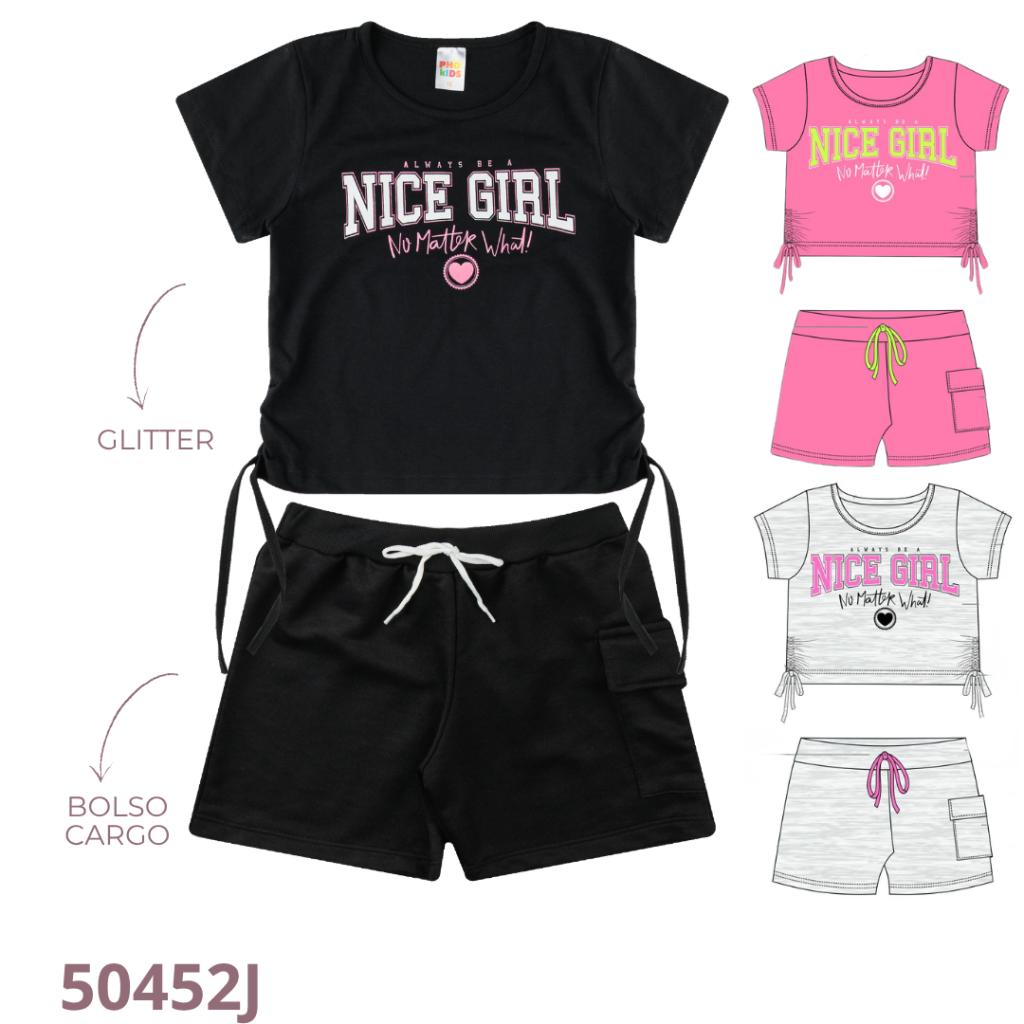 KIT 4 CONJUNTO BLUSA COM DETALHE LATERAL E SHORT COM CADARÇO E BOLSO CARGO