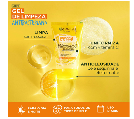 Gel de Limpeza Facial Antibacteriano Garnier Uniform & Matte Vitamina C, 150ml, Incolor