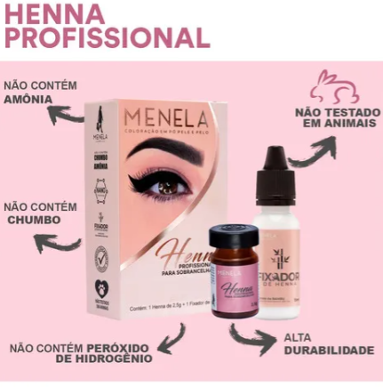 Henna Menela Profissional para Designer de Sobrancelhas Cor Castanho Escuro 2,5g com Fixador e Nanotecnologia