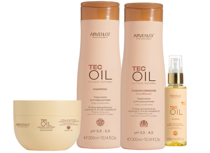 Kit Arvensis Tec Oil Nutrição Porfunda para cabelos danificados : Shampoo 300ml + Condicionador 300ml + Máscara 250g + Óleo Reparador - 45ml