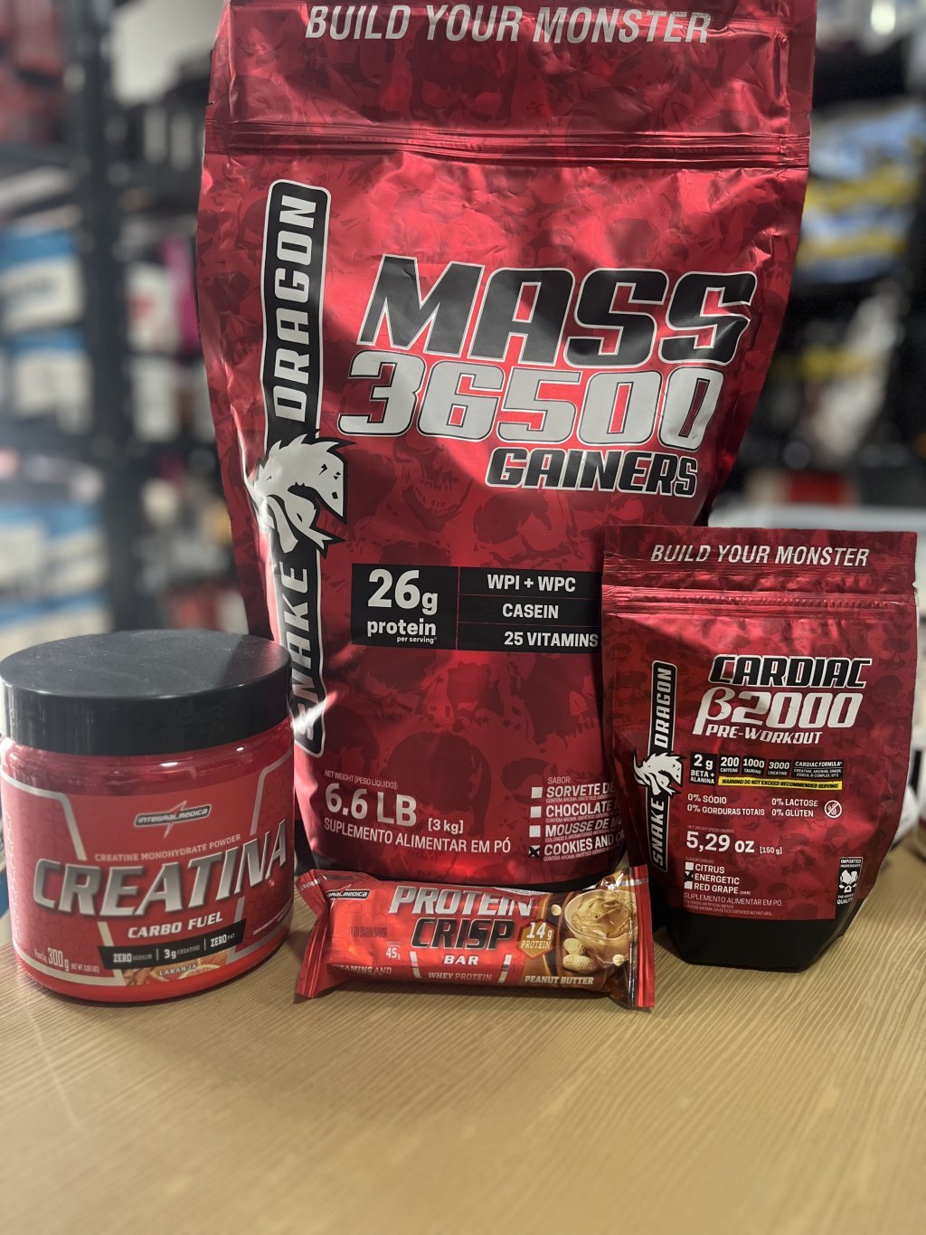 Massa + creatina + pré treino + barra 
