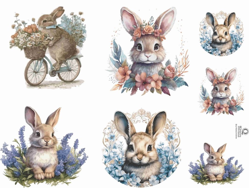 DECALQUE COELHOS COM FLORES E BICICLETA - DEC807