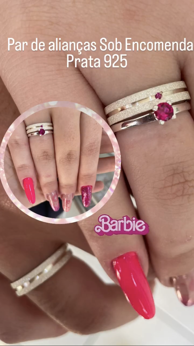 Par Aliança e Solitário na prata 925 pedra rosa 