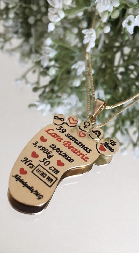 Corrente e Pingente Ouro ou Prata pé com informações do nascimento 