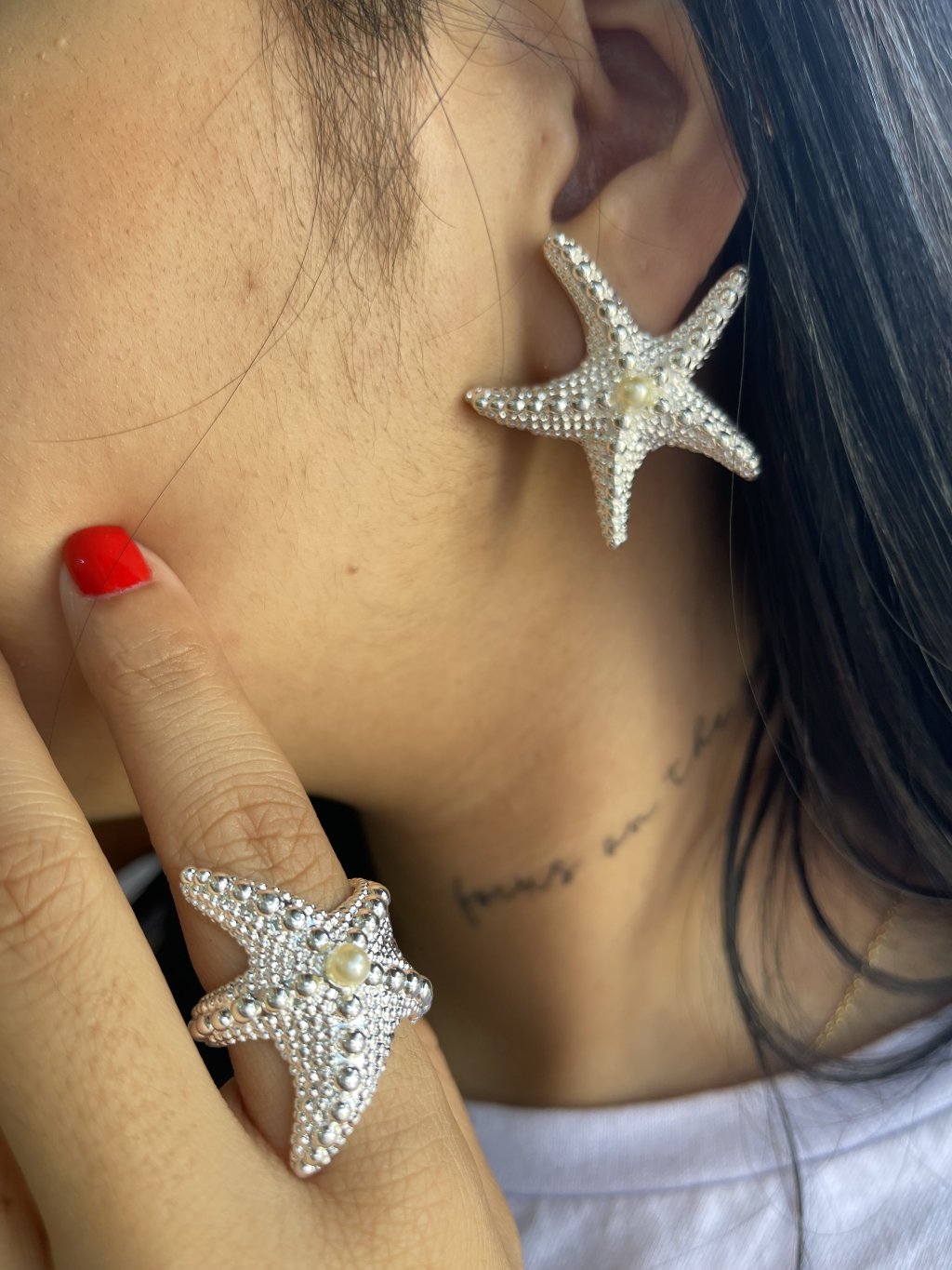 Conjunto brinco e anel grande estrela do mar prata