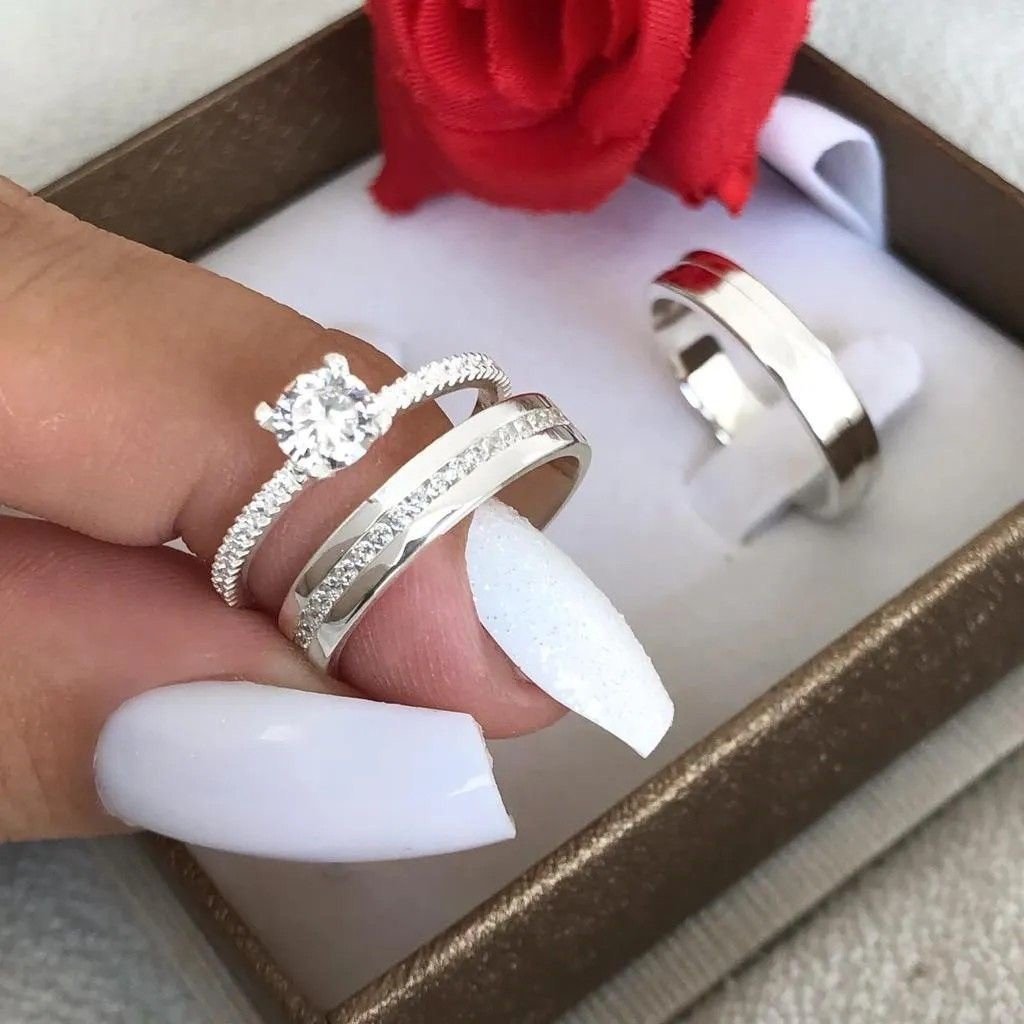 Par de Alianças Quadrada com pedras Prata 925 + solitário com aparador 