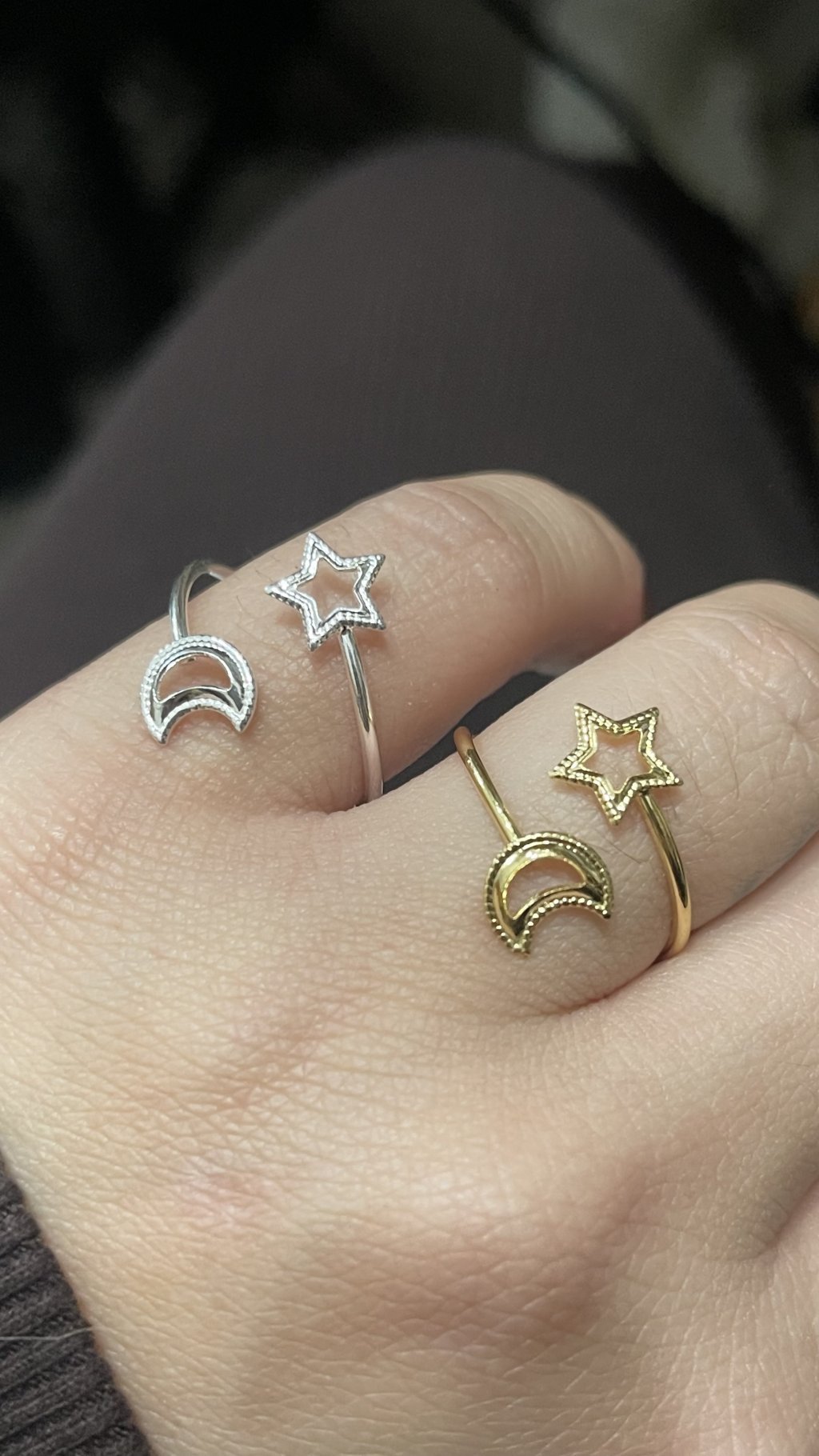 Anel prata e ouro ajustável lua e estrela 