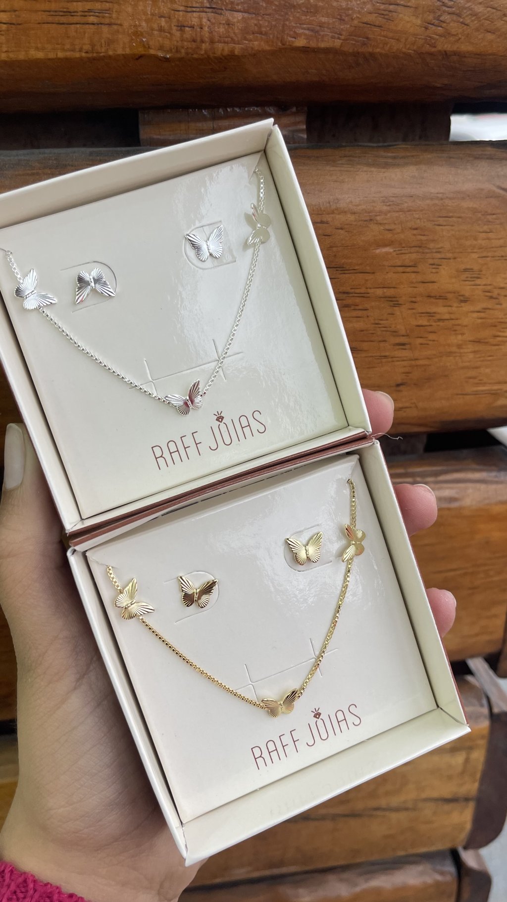 Conjunto borboleta prata/ouro