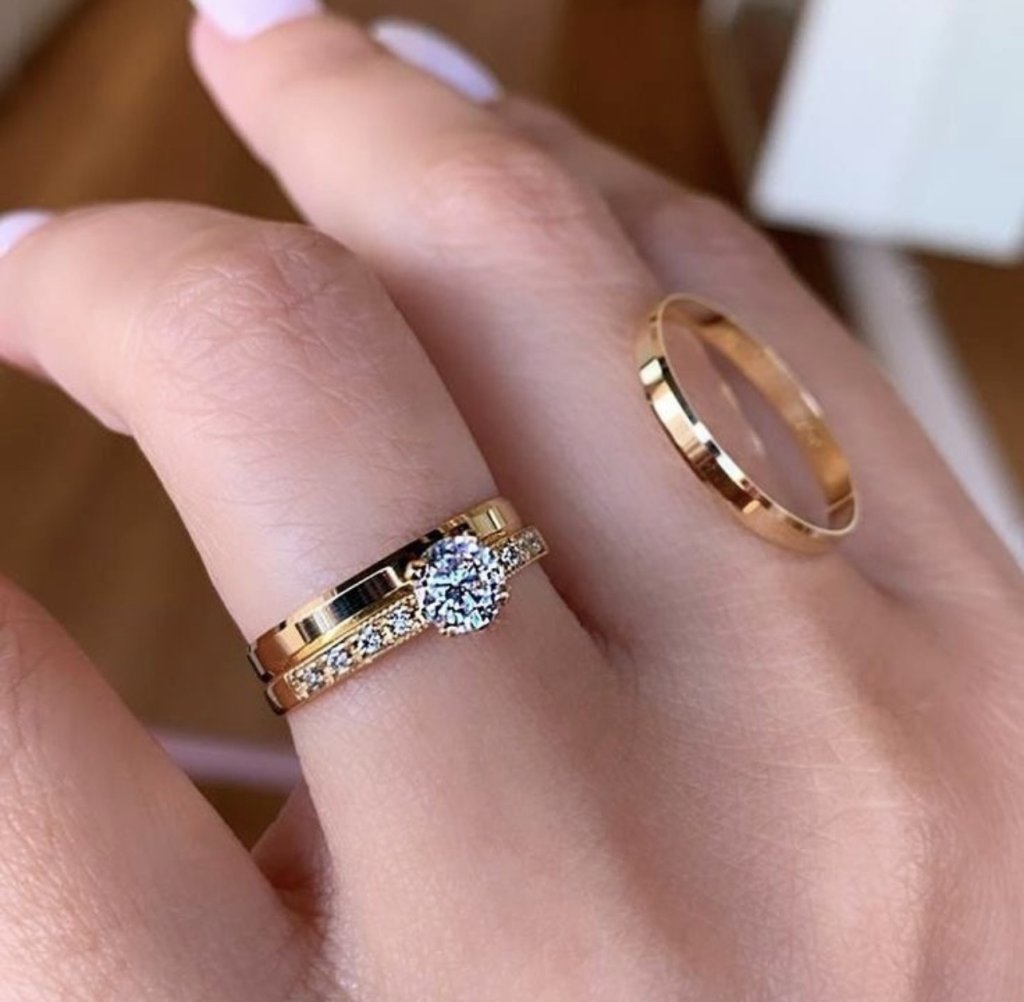 Par de aliança moeda + solitário pedras 