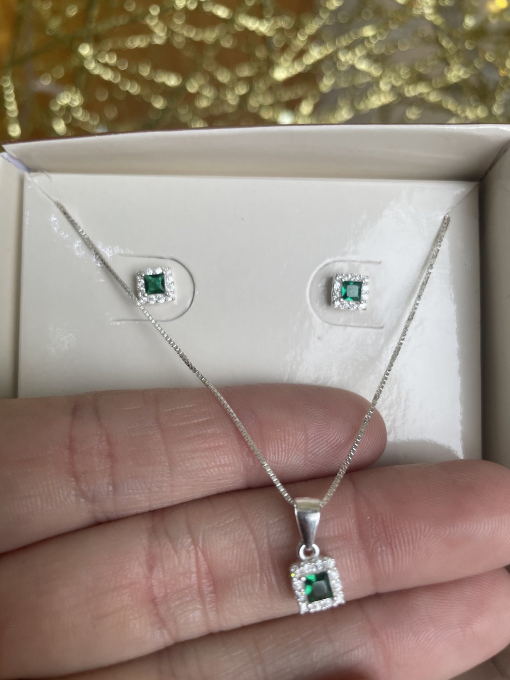 Conjunto prata 925 Pedra esmeralda 