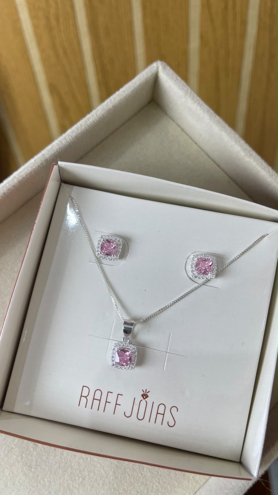 Conjunto prata 925 zircônia rosa 