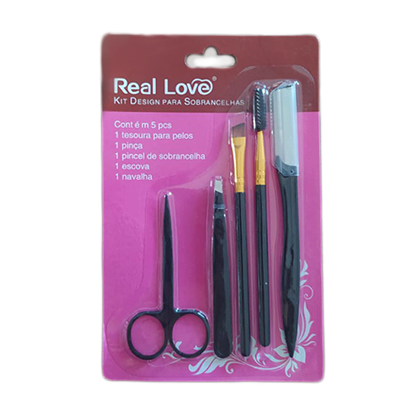 KIT54 - Kit de Sobrancelha Profissional - Pinça + Tesoura + Escova + Pincel Designer + Navalha - Real Love