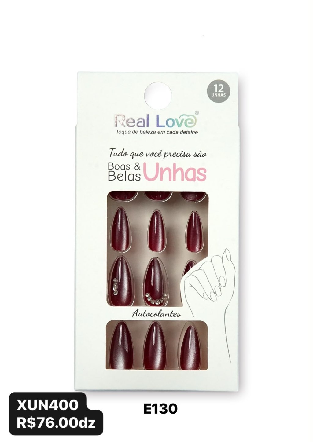 XUN400 - E130 - UNHAS POSTIÇAS DECORADAS AMENDOADA