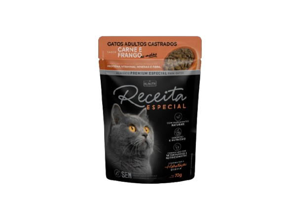 SACHE UMIDO RECEITA ESPECIAL PE GATO AD CASTRADO CARNE/FRANGO