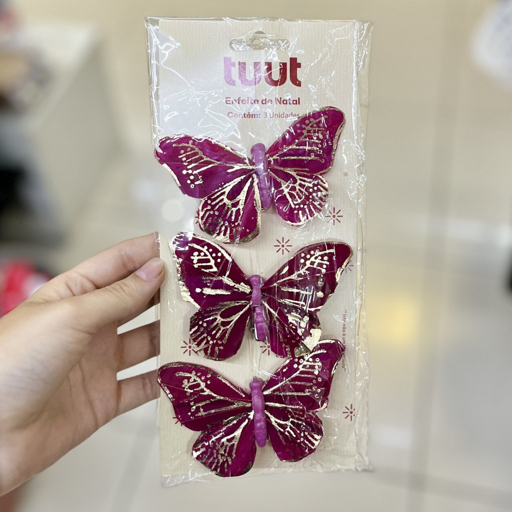 Enfeite Borboleta Natalina magenta com dourado 